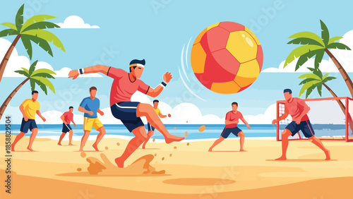 Beach soccer players in action on sunny tropical beach with palm trees