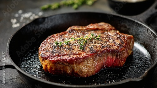 Steak resting on cast-iron skillet, kitchen countertop background