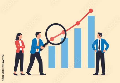Data analysis, optimization or marketing analytics for statistics improvement, growth or KPI measurement result, chart or diagram concept, business people hold magnifying glass analyzing data chart