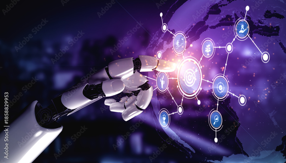 Obraz premium A futuristic robot hand interacts with a digital network on a vibrant purple background, symbolizing advanced technology and global connectivity in modern society. Tessel
