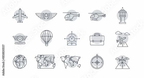 Collection of aviation and travel related icons for various design projects and concepts.
