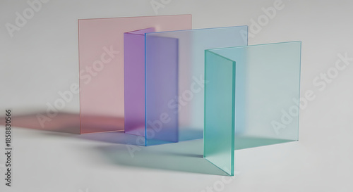 Abstract composition of translucent colored acrylic sheets on white background