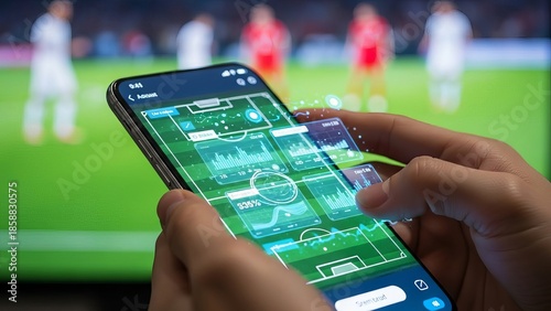 A person's hand holding a smartphone that is open to an app displaying a soccer game