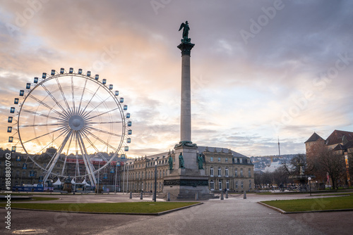 Jubilee Column and Ferris wheel at Schlossplatz Stuttgart in morning light