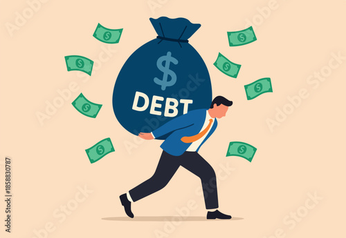 Debt burden, financial obligation or loan payment, heavy load of money failure, mortgage or borrowing money problem concept, tried businessman carrying big debt money bag losing money banknotes.