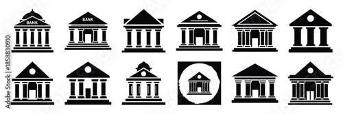 Collection of Silhouette bank building icon set isolated on transparent background. Vector illustration set.
