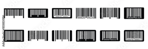 Collection of Silhouette barcode label icon set isolated on transparent background. Vector illustration set.