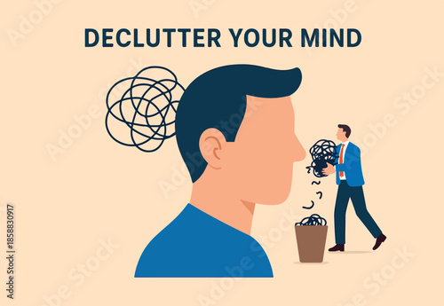 Declutter your mind, clear your brain to regain focus improve creative thinking ability, free up memory concept, ambitious businessman declutter, clean and clear all messy anxiety from his big head.