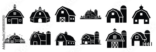 Collection of Silhouette barn farm icon set isolated on transparent background. Vector illustration set.