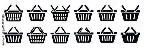 Collection of Silhouette basket shopping icon set isolated on transparent background. Vector illustration set.