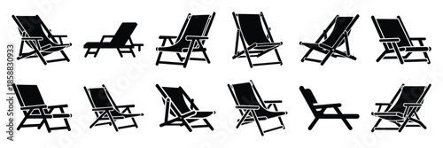 Collection of Silhouette beach chair icon set isolated on transparent background. Vector illustration set.