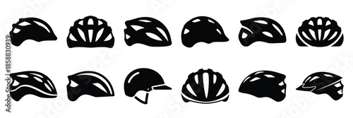 Collection of Silhouette bicycle helmet icon set isolated on transparent background. Vector illustration set.