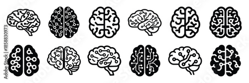 Collection of Silhouette brain circuit icon set isolated on transparent background. Vector illustration set.