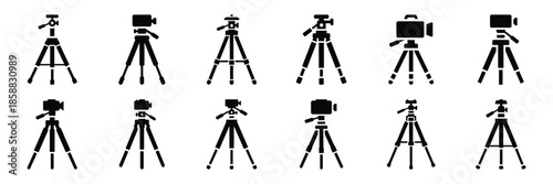Collection of Silhouette camera tripod icon set isolated on transparent background. Vector illustration set.
