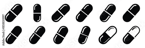 Collection of Silhouette capsule pill icon set isolated on transparent background. Vector illustration set.