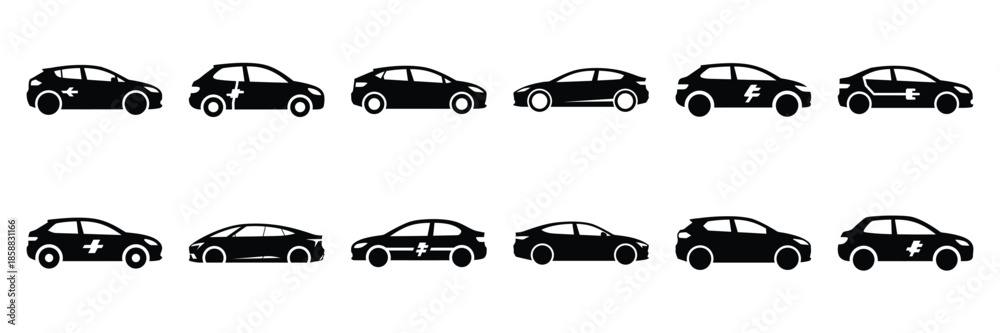 Fototapeta premium Collection of Silhouette electric car icon set isolated on transparent background. Vector illustration set.