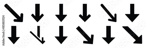 Collection of Silhouette downstairs arrow icon set isolated on transparent background. Vector illustration set.