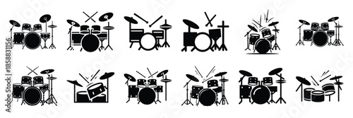 Collection of Silhouette drum music icon set isolated on transparent background. Vector illustration set.