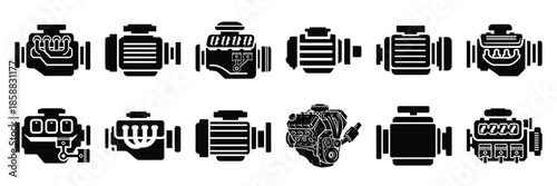 Collection of Silhouette engine motor icon set isolated on transparent background. Vector illustration set.