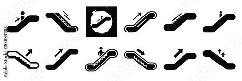 Collection of Silhouette escalator move icon set isolated on transparent background. Vector illustration set.