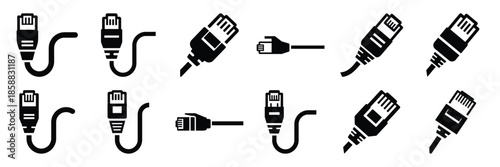 Collection of Silhouette ethernet cable icon set isolated on transparent background. Vector illustration set.