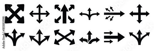 Collection of Silhouette expand arrows icon set isolated on transparent background. Vector illustration set.