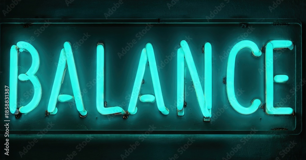 Obraz premium Bright neon sign displays word balance. Dark background emphasizes glowing turquoise lettering. Simple, direct message.