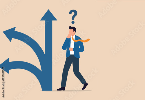 Dilemma or moral conflict, disagreement or argument for business direction, decision problem or question, choosing choice, alternative or solution concept, confused businessman choosing directions.