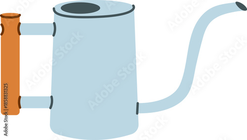 Vector illustration of a light blue metal watering can with a long spout and a wooden handle, garden tool. Simple flat design for indoor and outdoor plant care.