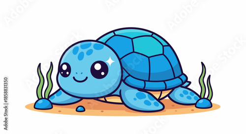 Cute Blue Cartoon Sea Turtle Underwater Illustration.