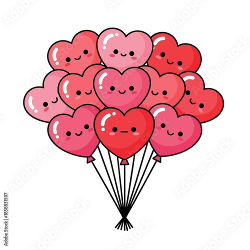A bunch of red heart balloons with smiling faces floats gently in the air on