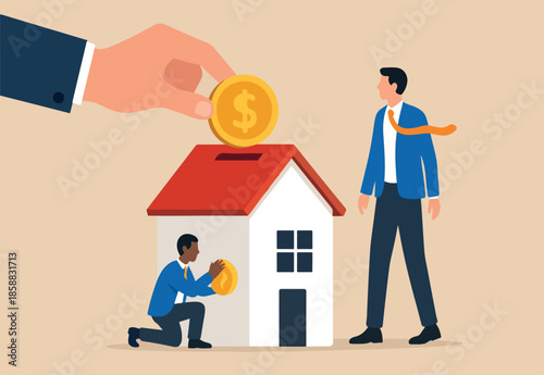 Down payment for house purchasing, mortgage or real estate loan, savings to buy new home or property investment, rental concept, businessman hand home owner putting money dollar coin into new house.