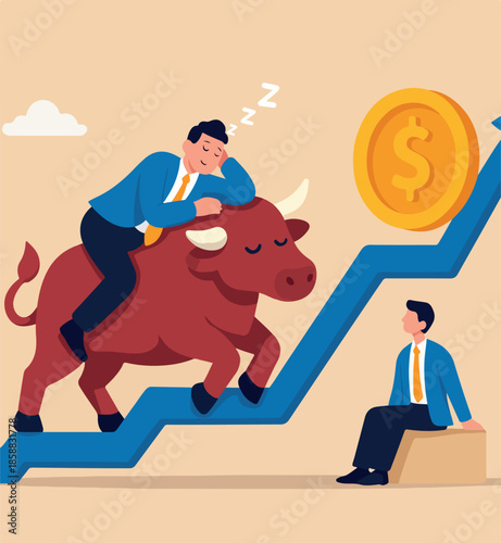 Easy money, passive income earn money while sleeping, get rich quick or success investment, earning from stock market, businessman sleep on bull market rising graph