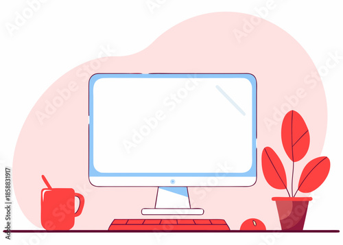 Digital Workspace: A modern workstation featuring a computer, keyboard, mouse, mug, and plant creates a clean and inspiring setting for creative productivity. 