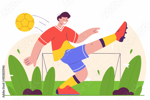 Soccer Player Kicking the Ball: A dynamic illustration captures a soccer player in full motion, kicking the ball with precision and power on a vibrant green field.