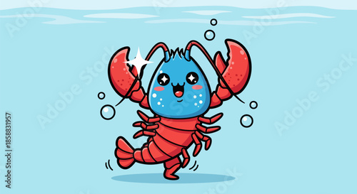 Cute cartoon blue lobster with red claws swimming underwater.