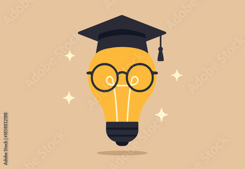 Education or knowledge is power to build creativity, idea or solution, academic or training course concept, genius bright lightbulb wearing eyeglasses and graduation hat or mortar board.