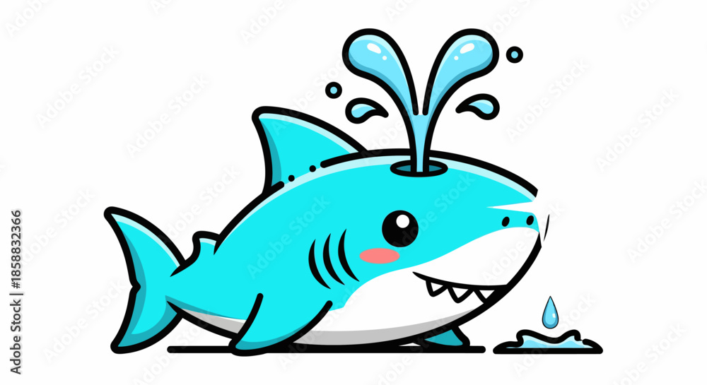 Fototapeta premium Cute cartoon blue shark spouting water playfully.