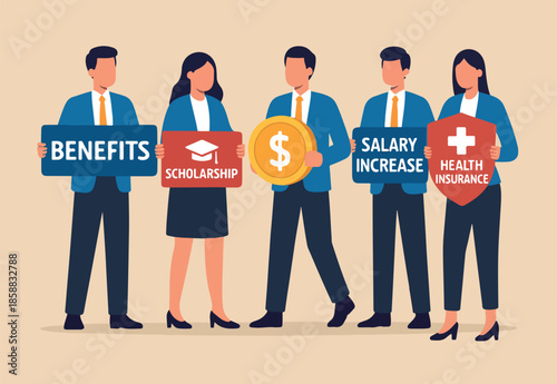 Employee benefits and compensation for staff advantage, reward or bonus payment to motivate employee concept, business people with benefits, scholarship, bonus, salary increase and health insurance.