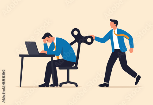 Employee exhausted office routine, recharge power increase efficiency, effort or clockwork wind up, motivation, overworked staff, businessman manager wind up clockwork employee to start working again.