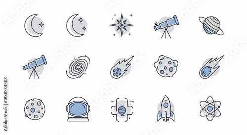 Collection of space-themed icons representing celestial bodies and astronomical objects.