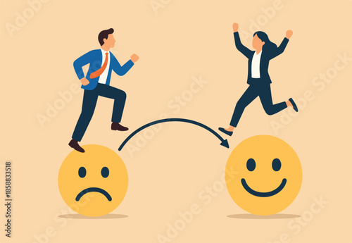 Employee happiness, wellbeing or positive attitude, emotional intelligence to improve success, joyful work or optimistic concept, business people jump from anxiety to delight smiling face emoticon.