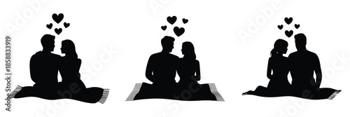 Romantic Couple Silhouette Vector Set – Valentine’s Day Love Illustration with Hearts, Intimate Lovers Sitting Together Design for Greeting Cards, Posters, Invitations, and Romantic Art Projects