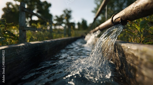 Water Flowing: A close-up shot of water gushing from a pipe into a trough. The image shows the movement of water, from the pipe and into the trough.