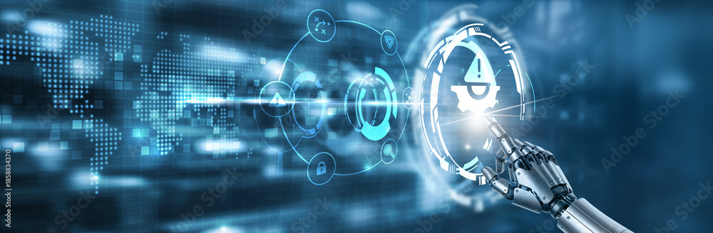 Obraz premium Touching the hand of robot risk management, business strategy, compliance, data protection, workflow optimization and corporate governance on digital interface.