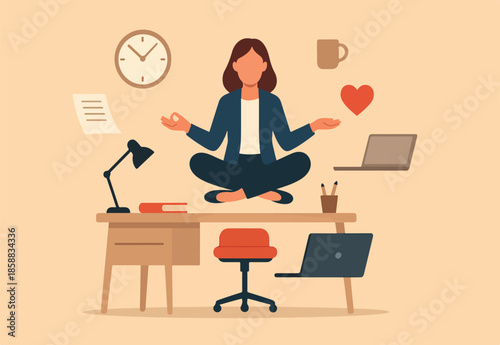 Employee wellbeing or wellness, comfortable to work, project management or relax workplace, balance or productivity concept, office woman mindfulness meditating on working desk levitate working stuff.