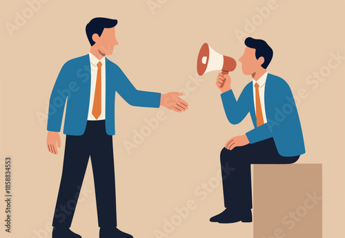 Encourage employee voice, advocacy or support opinion, contribution or help, listen to ideas or communication, staff encouragement concept, businessman hand offer megaphone for employee to speak out