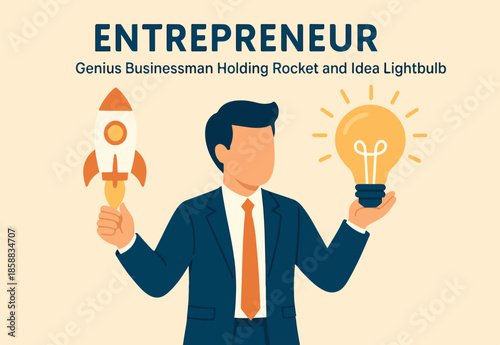 Entrepreneur or talent skill, initiative idea or innovation, creativity or motivation to develop and growth, startup plan, businessman genius skillful holding initiative rocket and lightbulb idea.