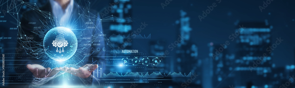 Fototapeta premium Businessman hands holding automation systems and operational data, workflow optimization, smart process control, digital business transformation