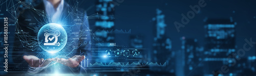 Businessman hands holding agile workflow and project data, sprint planning, adaptive development process, modern software management approach